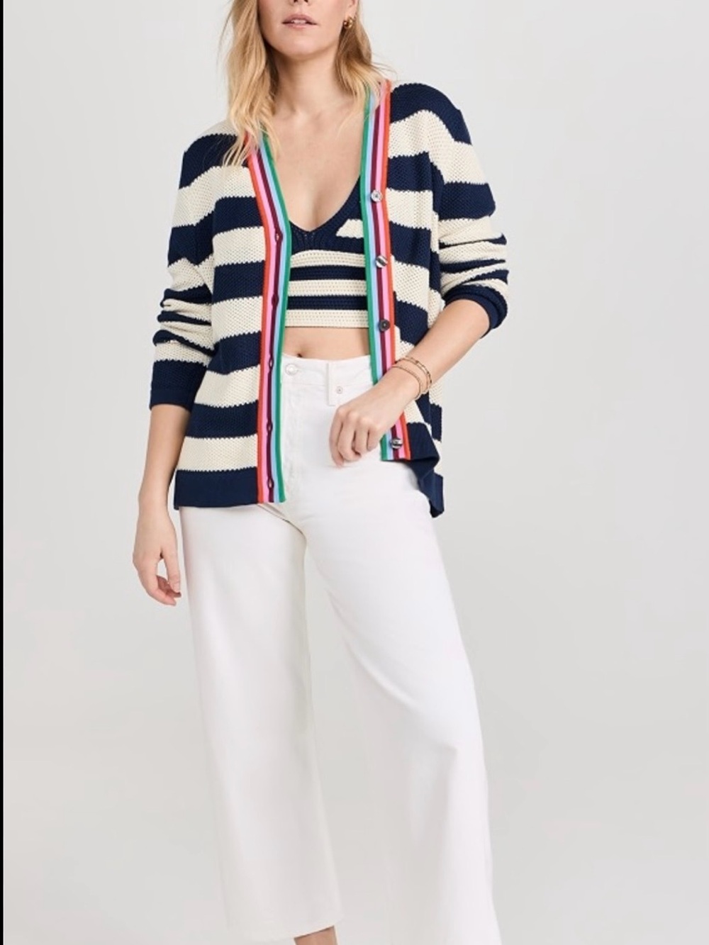 Kule Raven 2 piece V-Neck Cardigan with Multicolor Trim with matching tank